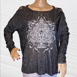 Aeropostale Cold Shoulder Burnout Graphic Black White Shirt Top Size Medium VGC